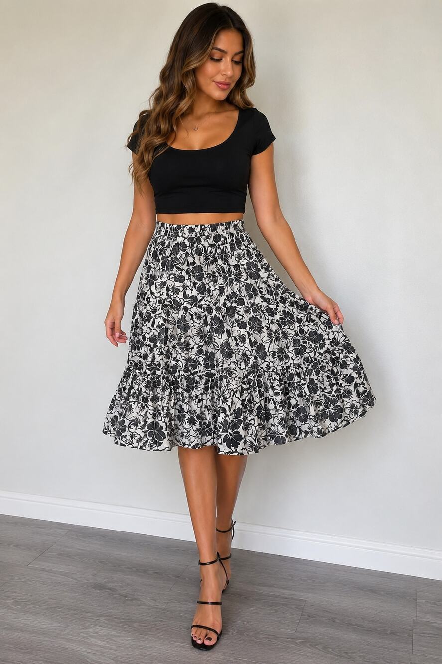 American Eagle Outfitters Medium Black White Floral Smocked Tiered Midi Skirt